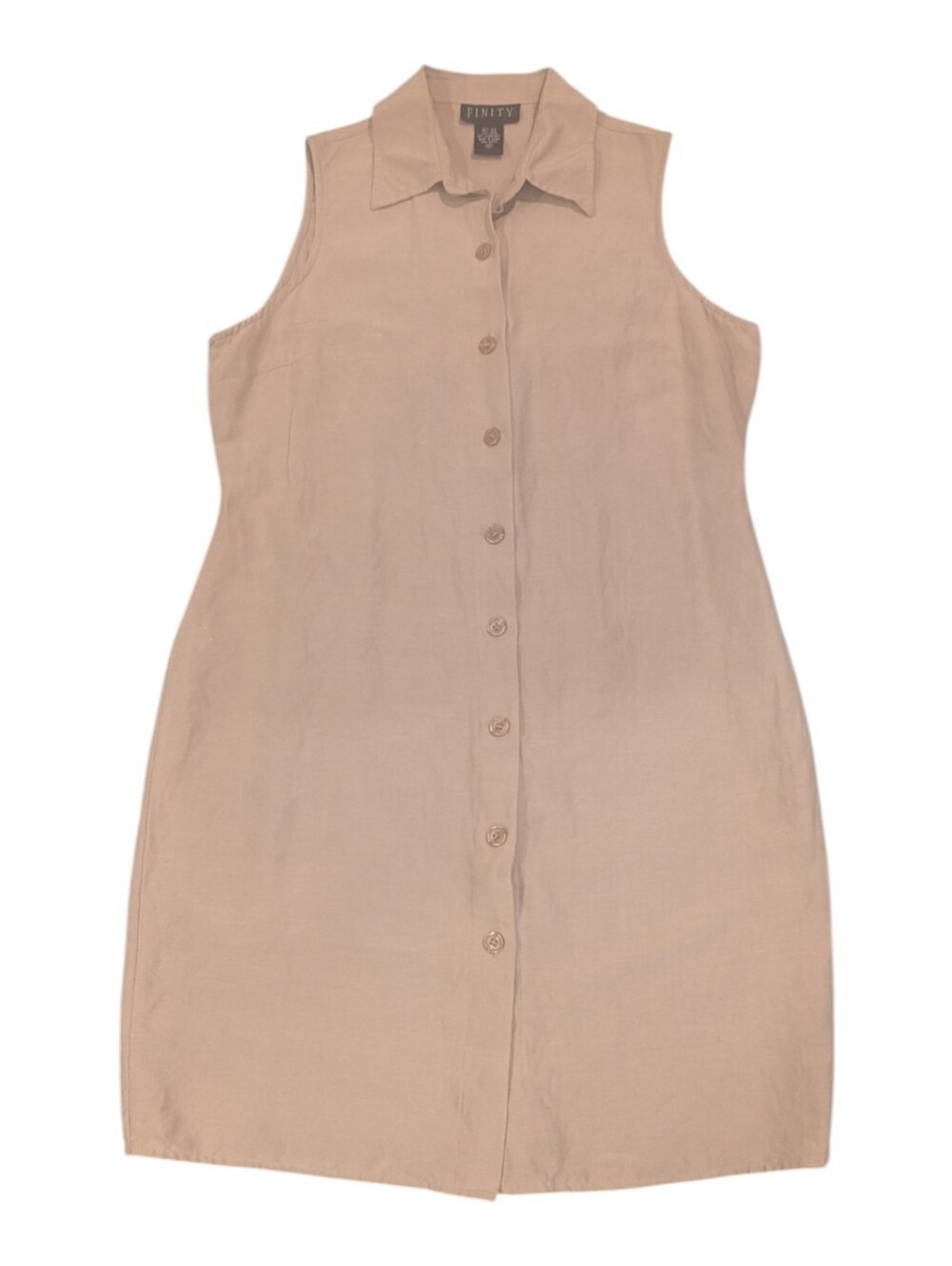 Vintage Tan Beige Finity Silk Linen Button Up Sleeveless Dress - Sz 10